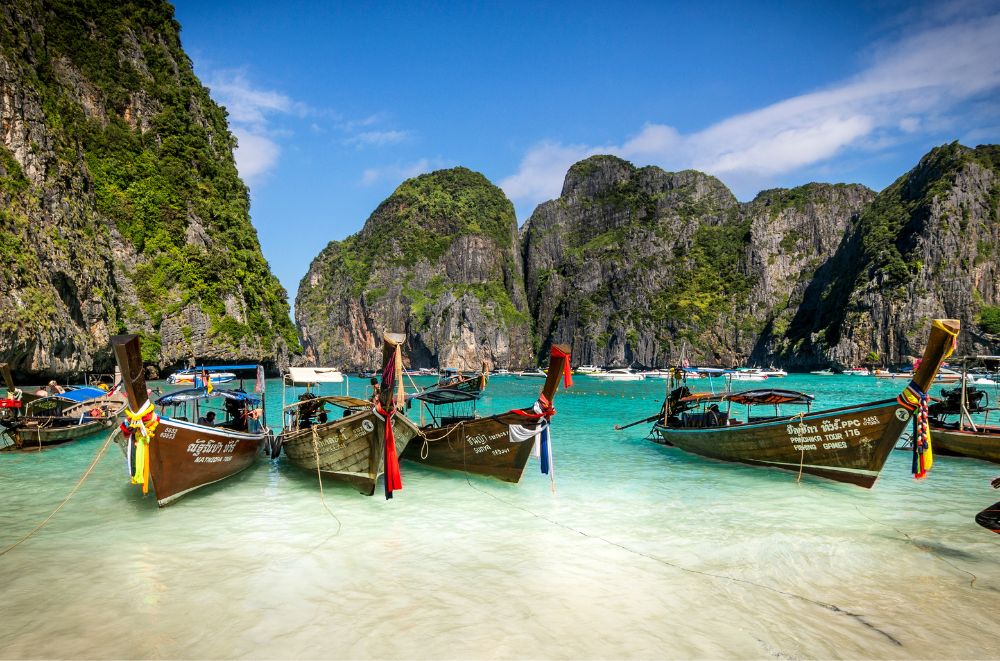 Long boats on Koh Phi Phi Beach